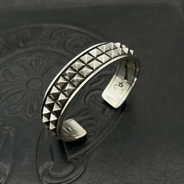 Studded Pyramid Stud Oxidized Silver Open Cuff Bracelet 3