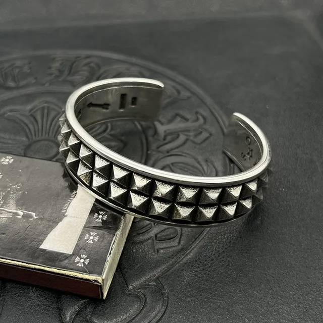 Studded Pyramid Stud Oxidized Silver Open Cuff Bracelet 5