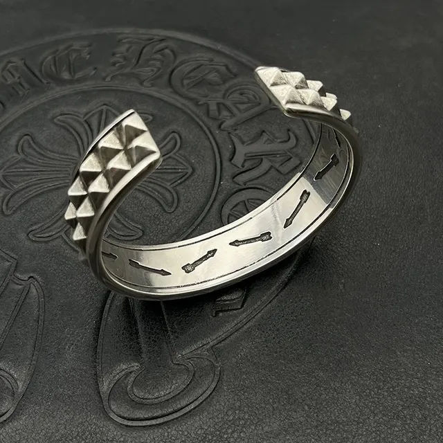 Studded Pyramid Stud Oxidized Silver Open Cuff Bracelet 6