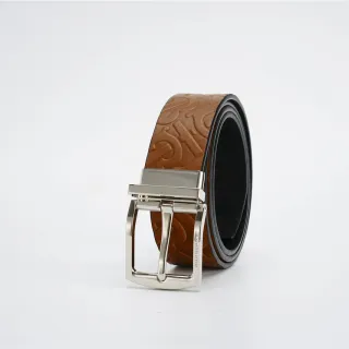 Tan and Black Reversible Embossed Leather Belt