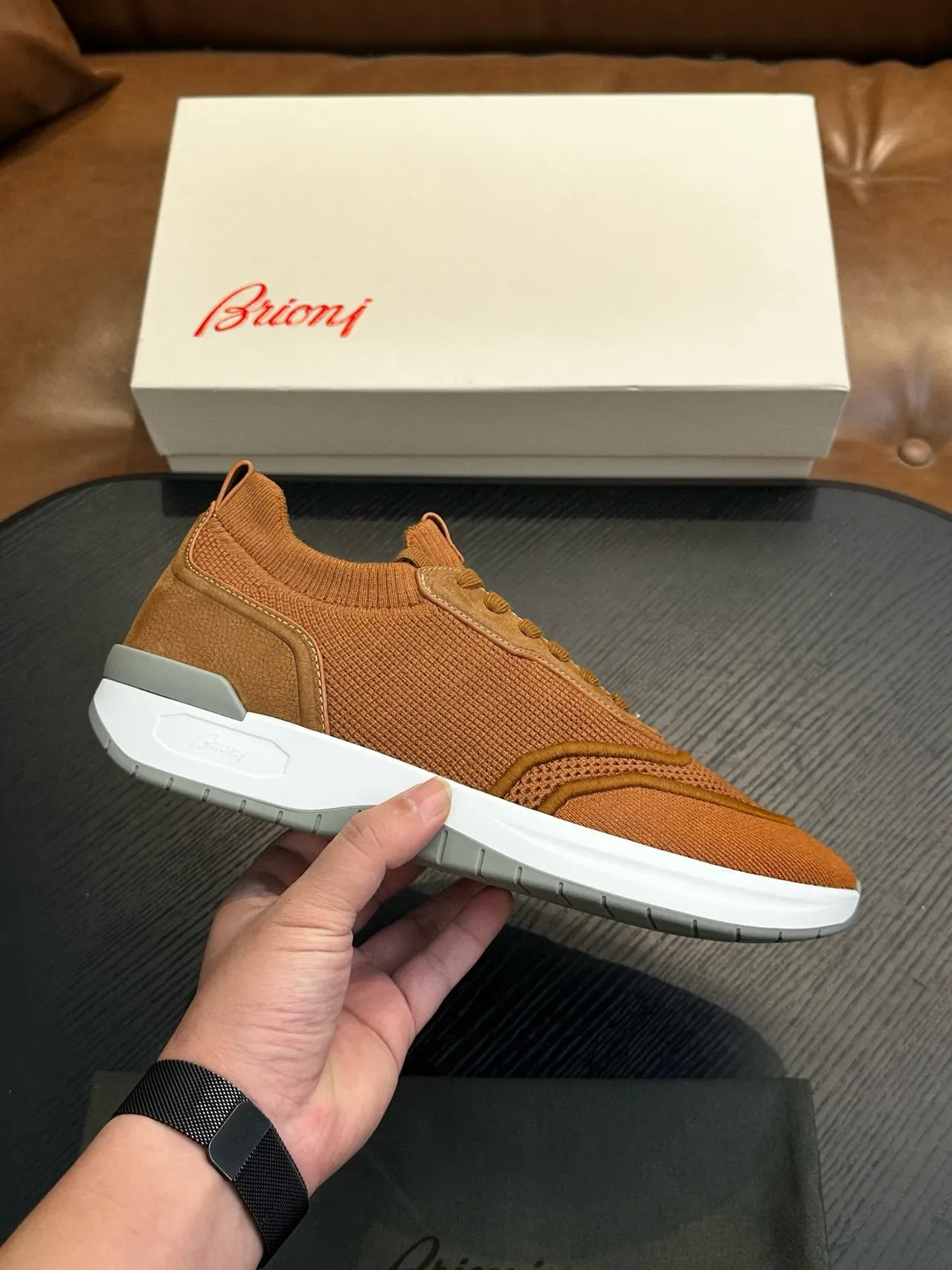 Tan Mesh and Leather-Panel Lifestyle Sneakers 2