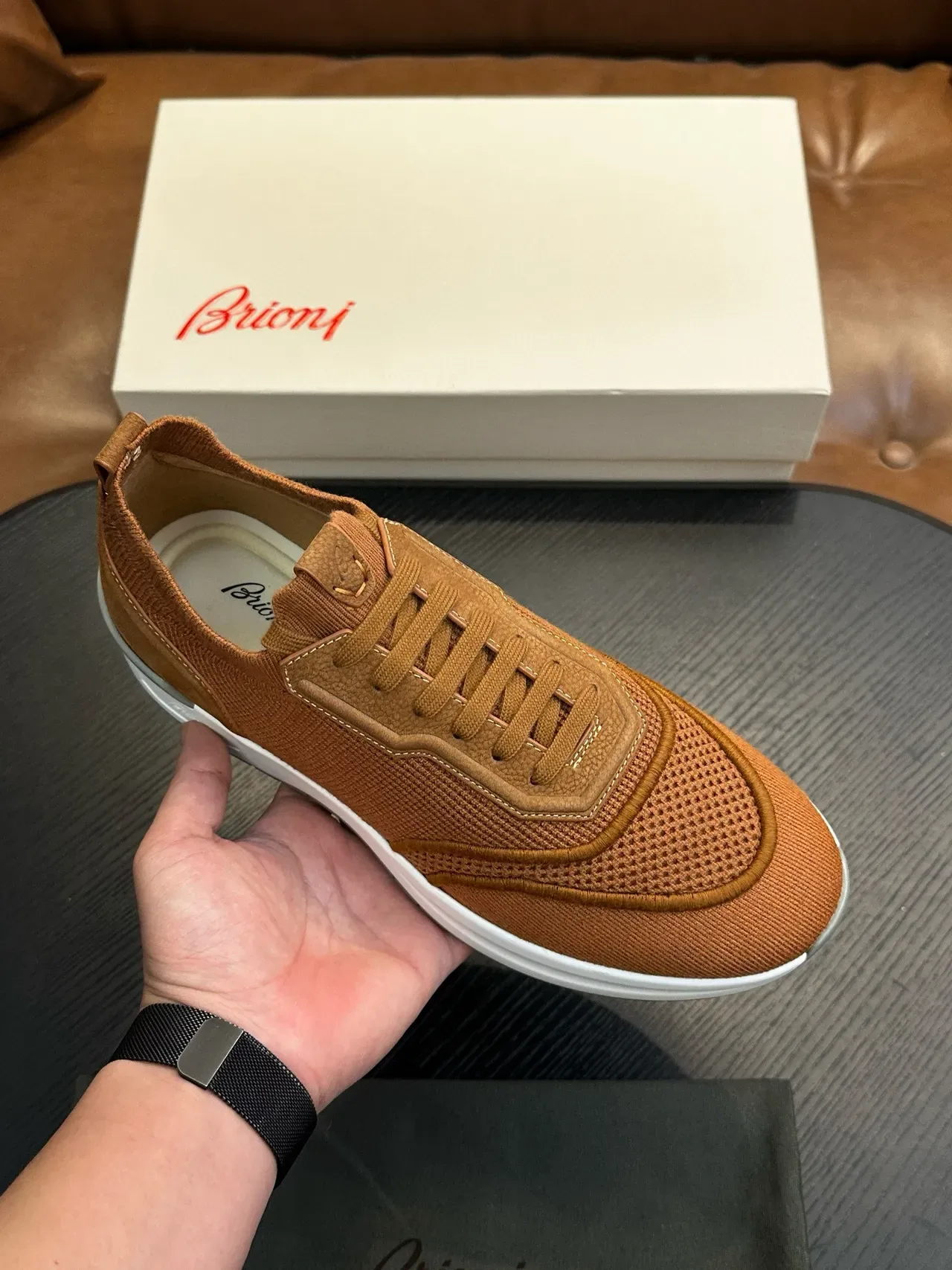 Tan Mesh and Leather-Panel Lifestyle Sneakers 3