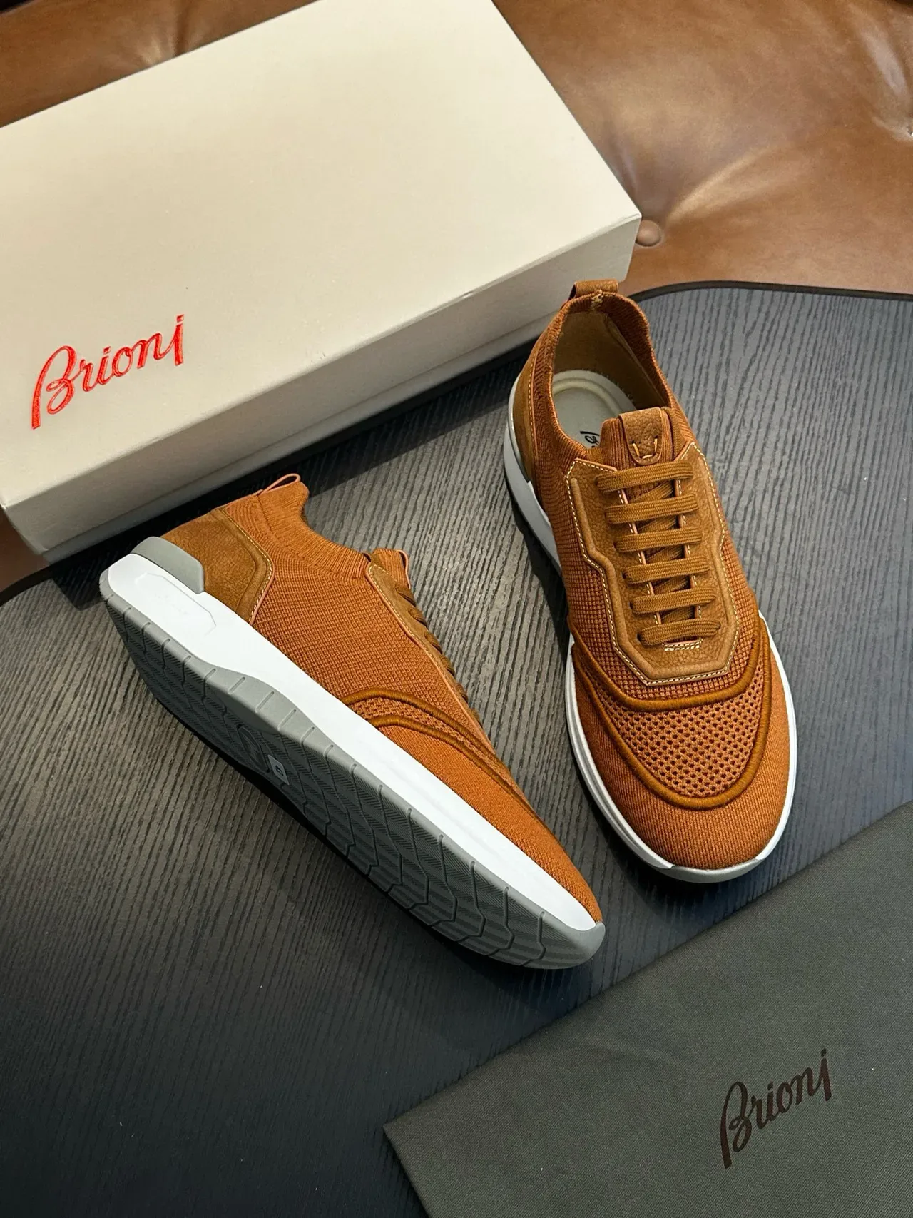 Tan Mesh and Leather-Panel Lifestyle Sneakers 4