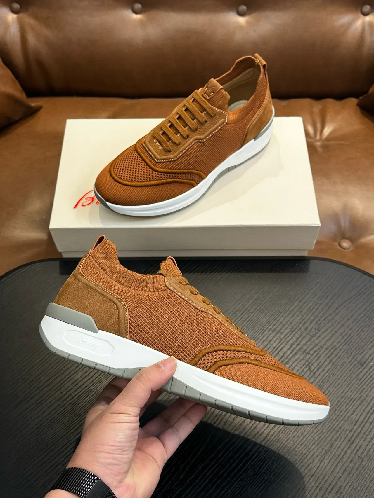 Tan Mesh and Leather-Panel Lifestyle Sneakers 5