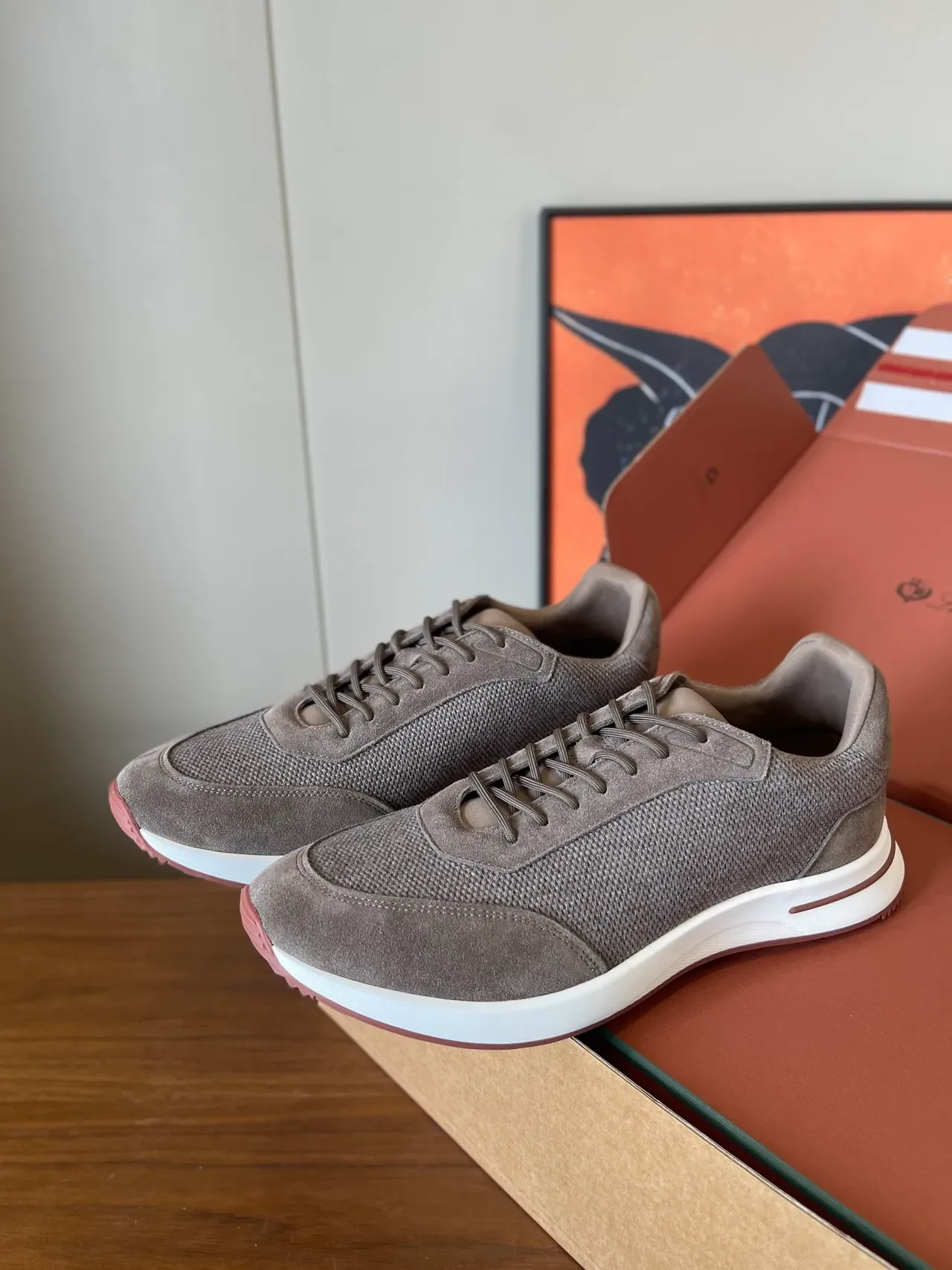 Taupe Mesh and Suede Low-Top Sneakers 3
