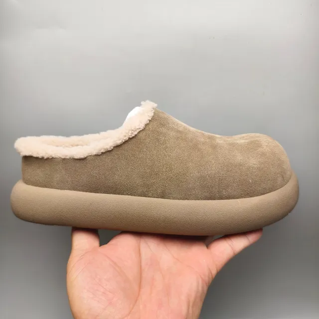 Taupe Suede Shearling-Lined Chunky Sole Slipper 2