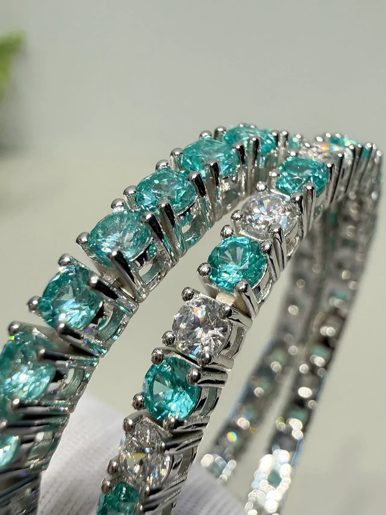 Teal and Clear Gemstone Channel-Set Bangle Bracelets 2