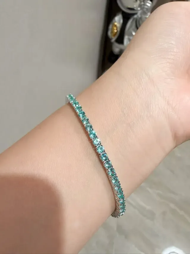 Teal and Clear Gemstone Channel-Set Bangle Bracelets 9