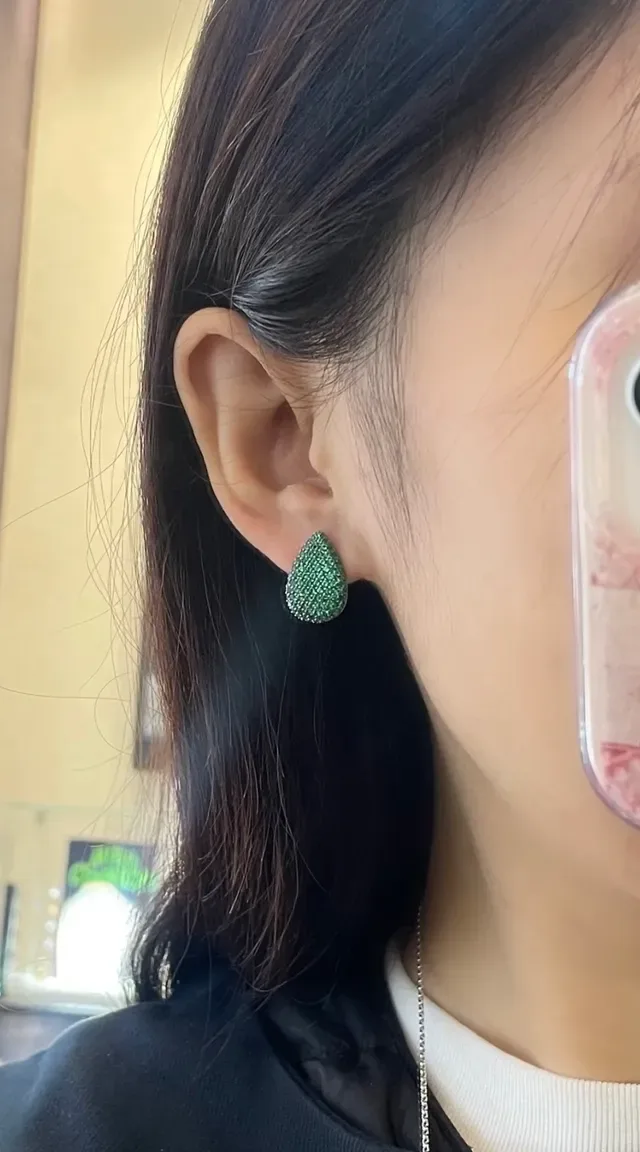 Teardrop Pavé Green Stone Stud Earrings 4