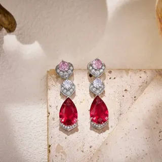 Three-Tiered Pear-Cut Red and Pink Gemstone Drop Earrings