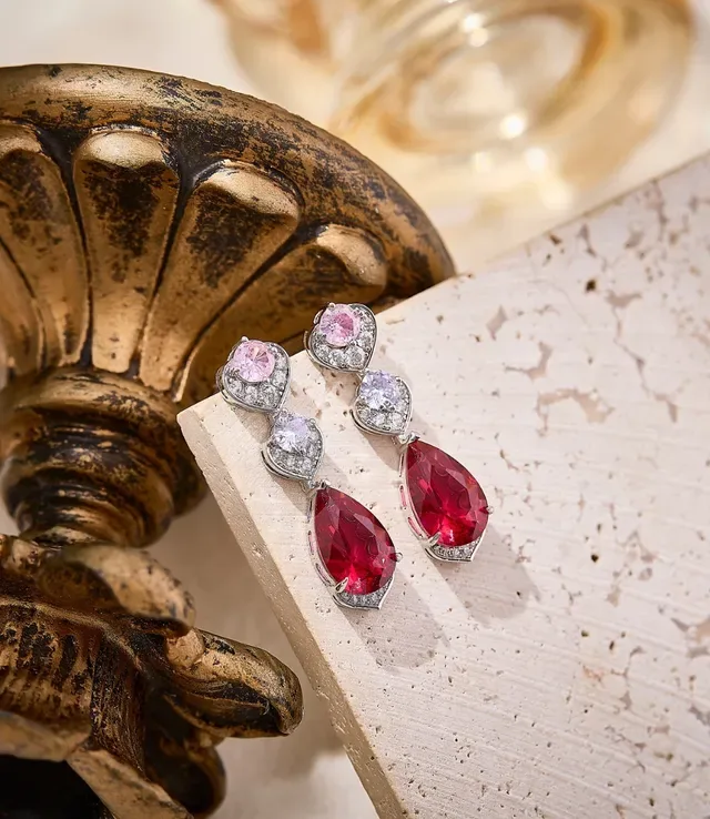 Three-Tiered Pear-Cut Red and Pink Gemstone Drop Earrings 3