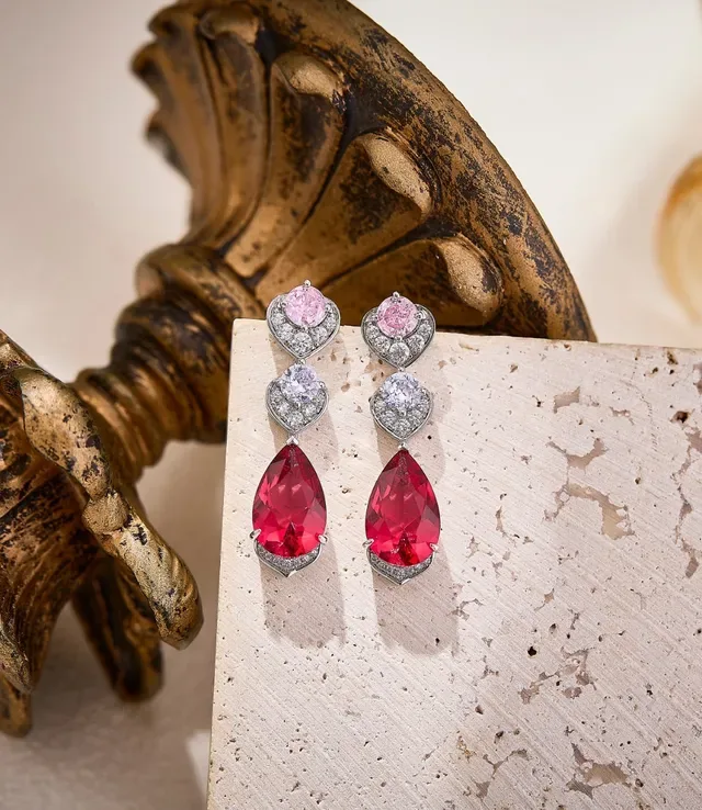 Three-Tiered Pear-Cut Red and Pink Gemstone Drop Earrings 6