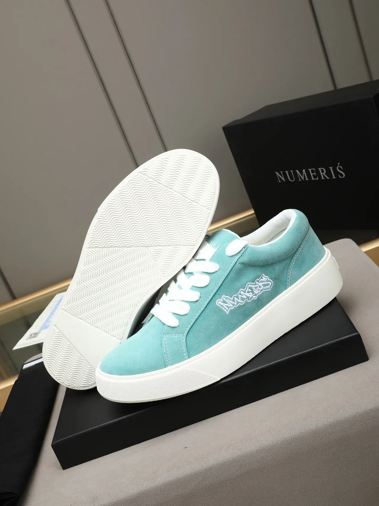 Turquoise Suede Embroidered Logo Platform Sneaker 4