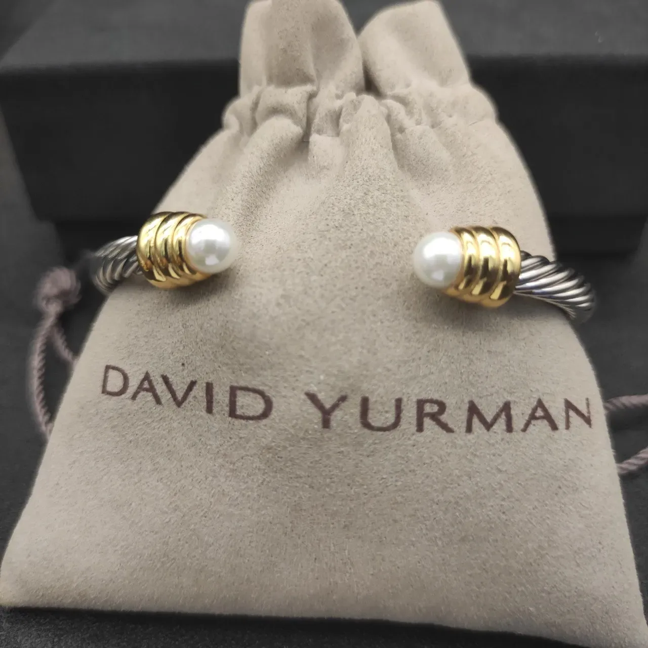 Twisted Cable Two-Tone Pearl-End Cuff Bracelet 2