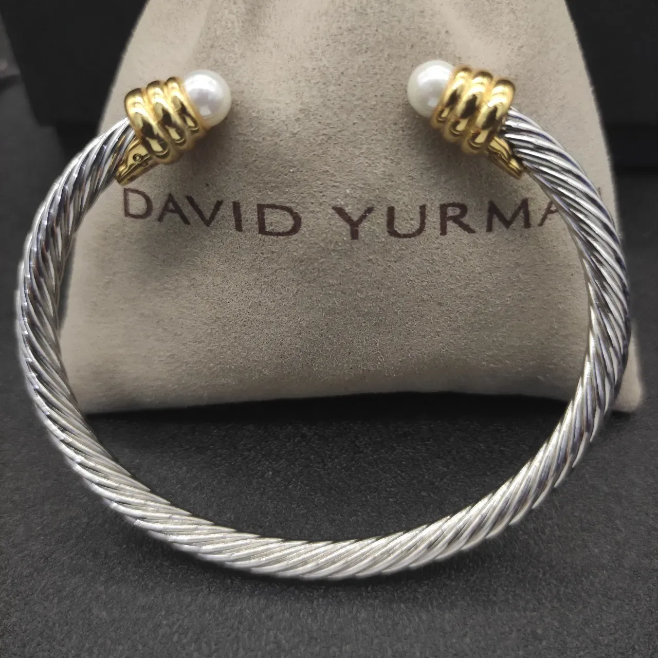 Twisted Cable Two-Tone Pearl-End Cuff Bracelet 3