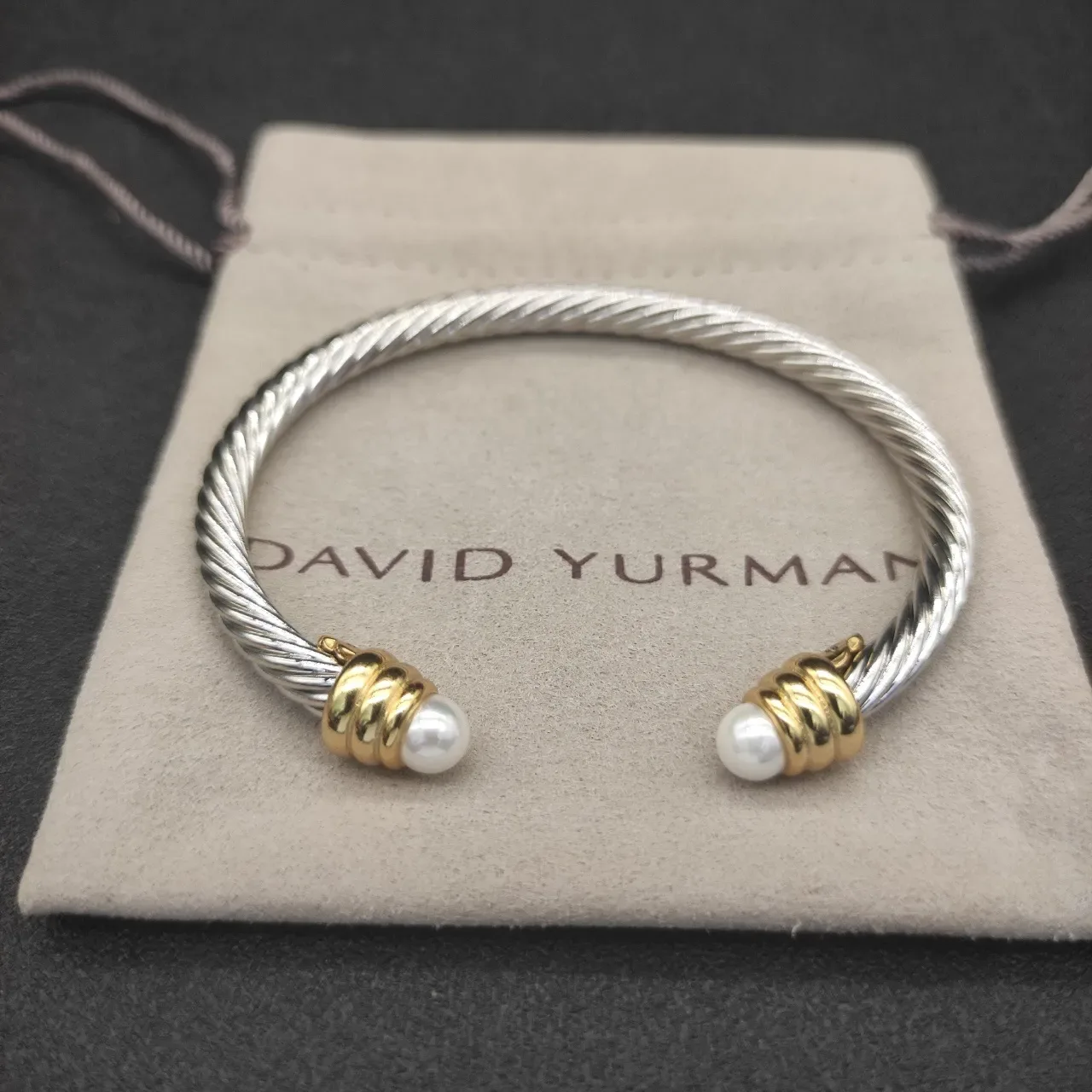 Twisted Cable Two-Tone Pearl-End Cuff Bracelet 5