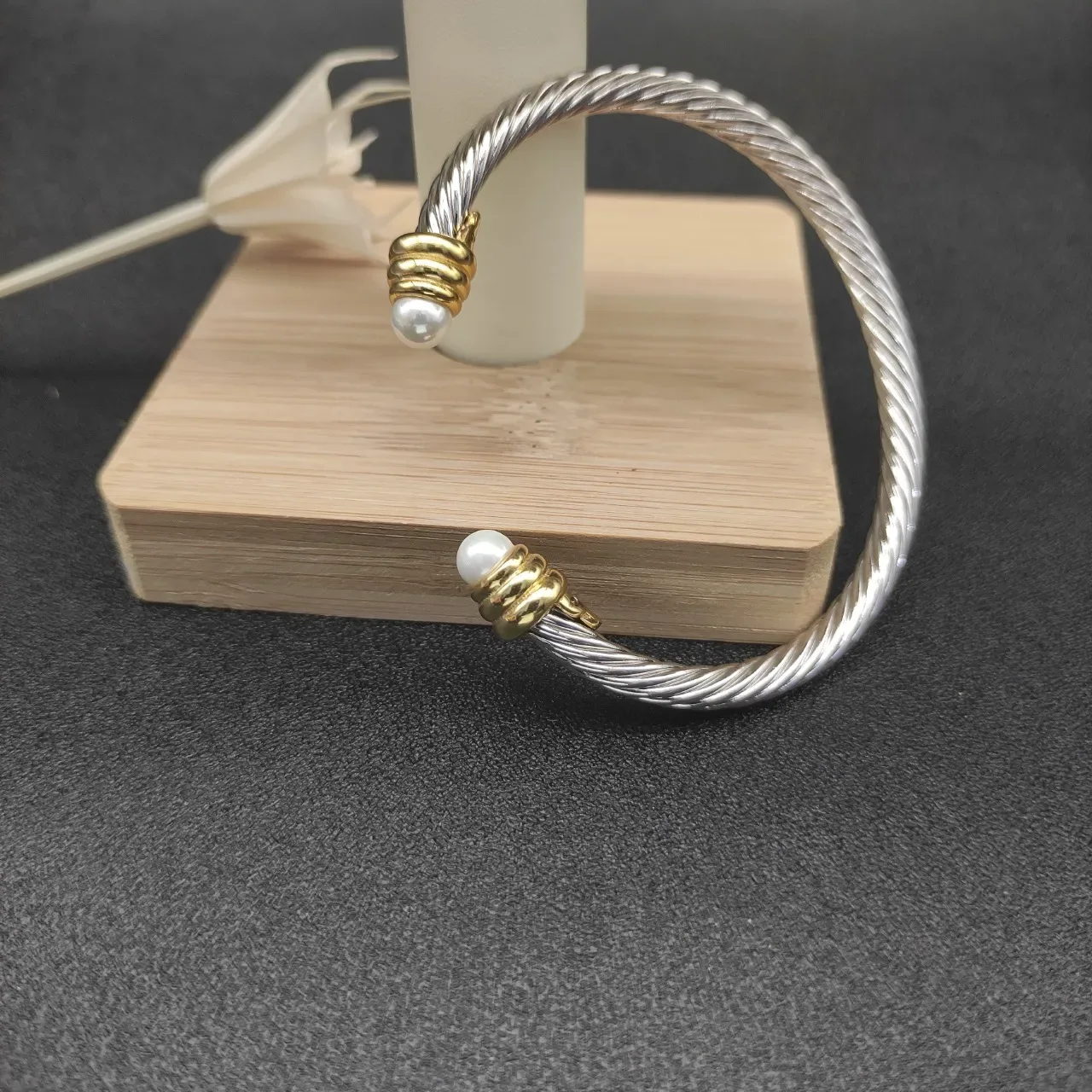 Twisted Cable Two-Tone Pearl-End Cuff Bracelet 6