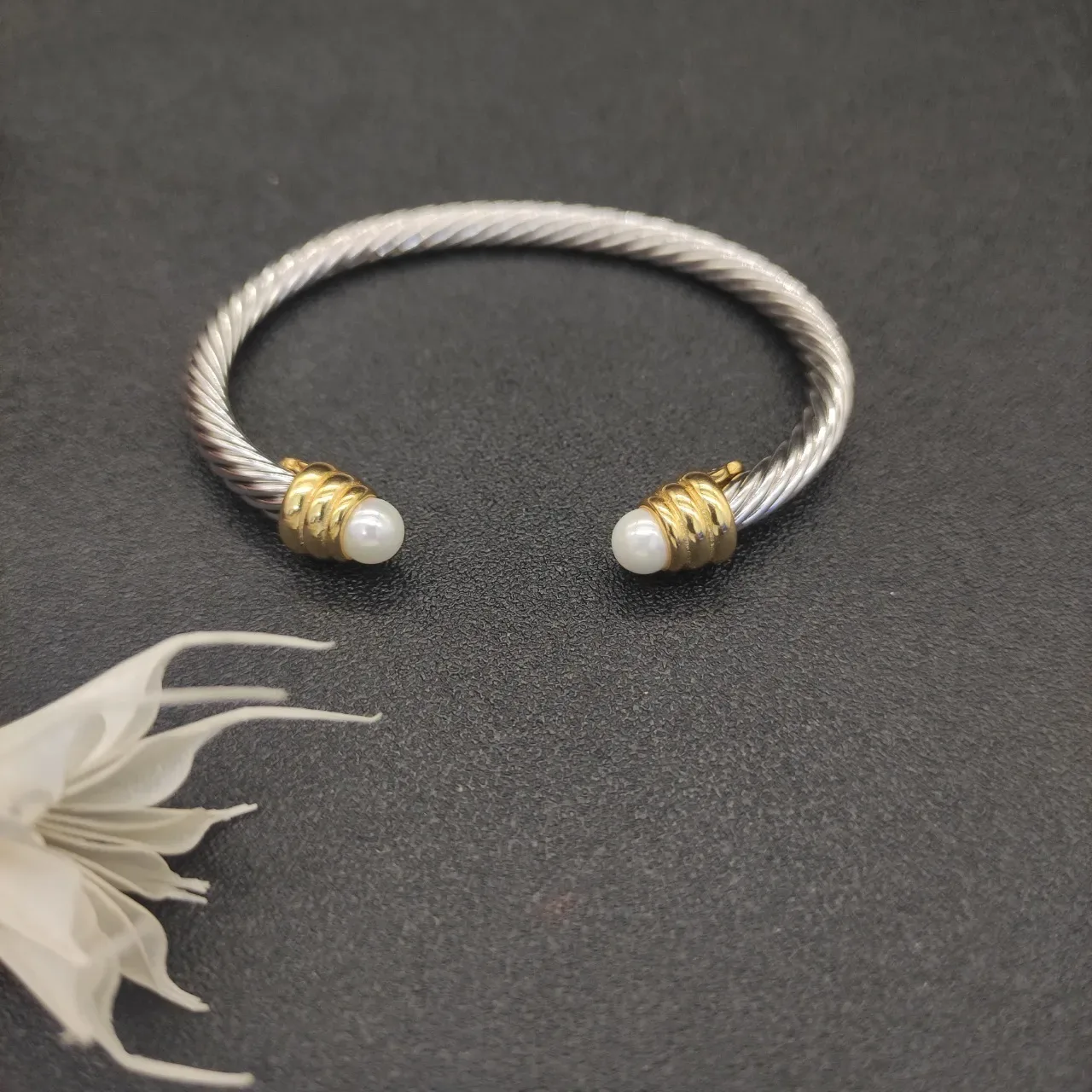 Twisted Cable Two-Tone Pearl-End Cuff Bracelet 8