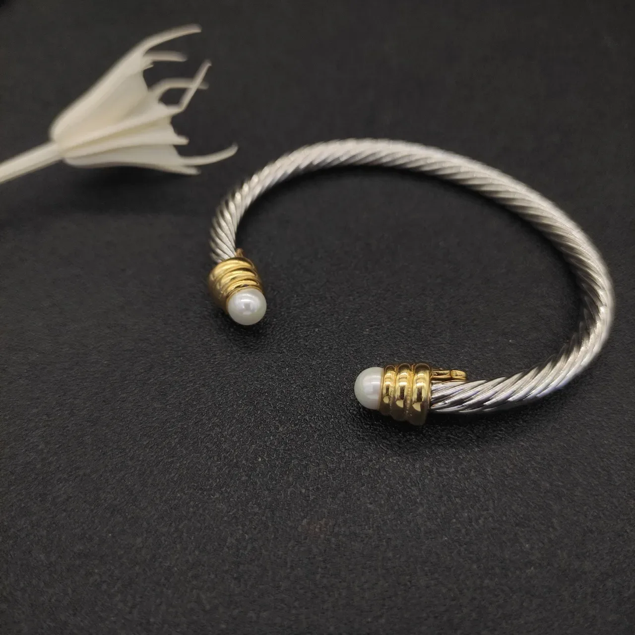 Twisted Cable Two-Tone Pearl-End Cuff Bracelet 9