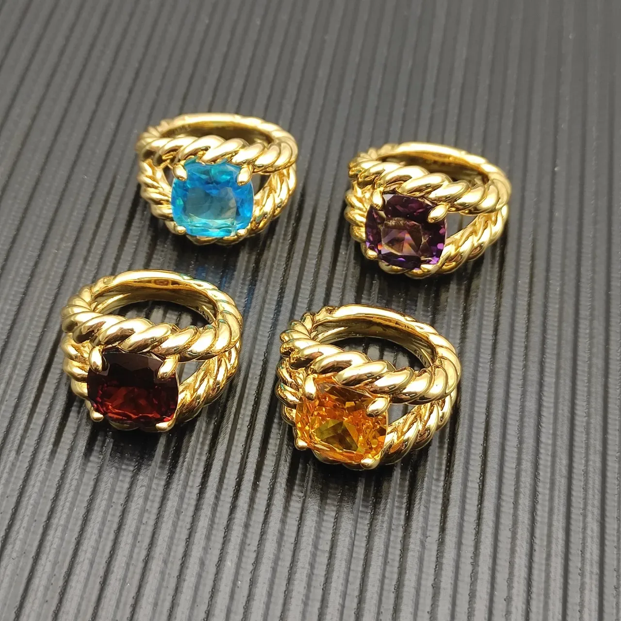 Twisted Rope Band Cushion-Cut Blue Gemstone Ring 2