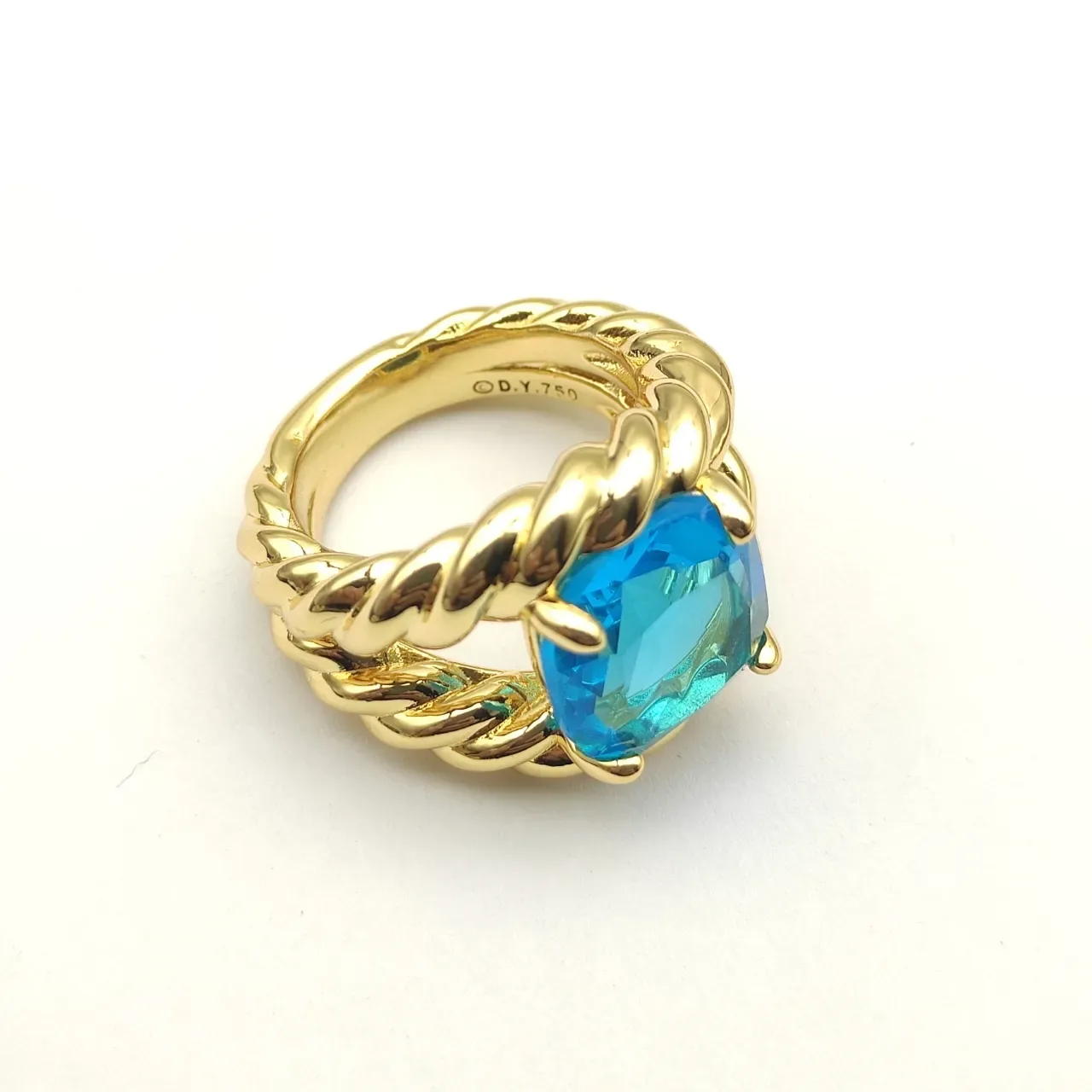 Twisted Rope Band Cushion-Cut Blue Gemstone Ring 3