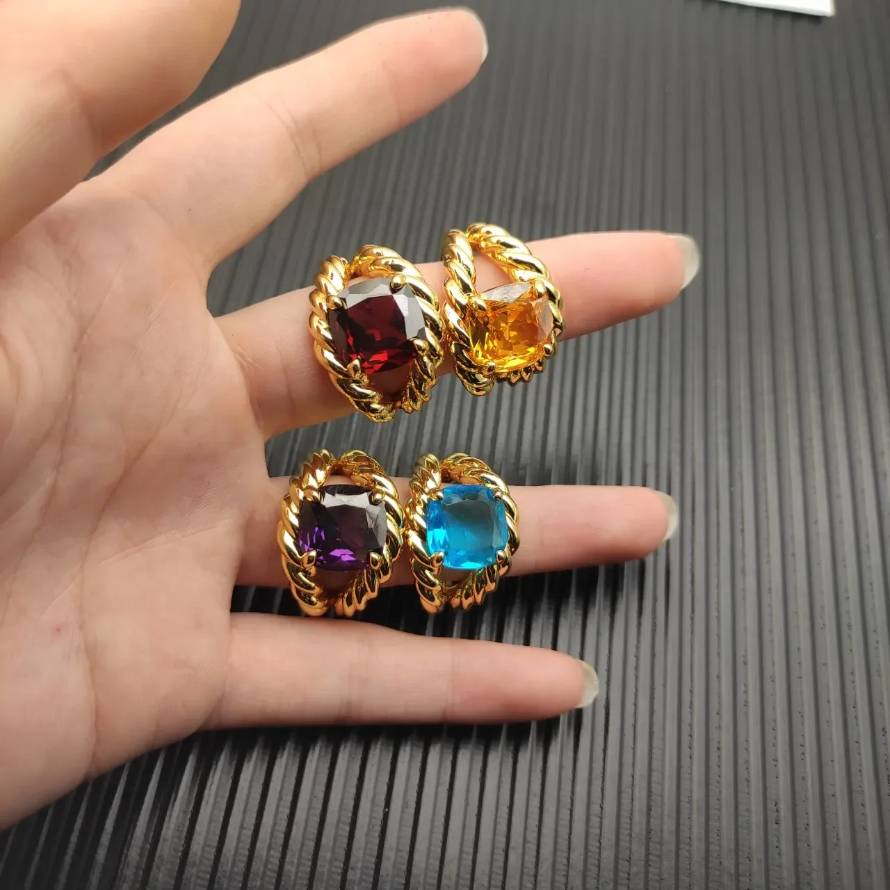 Twisted Rope Band Cushion-Cut Blue Gemstone Ring 4