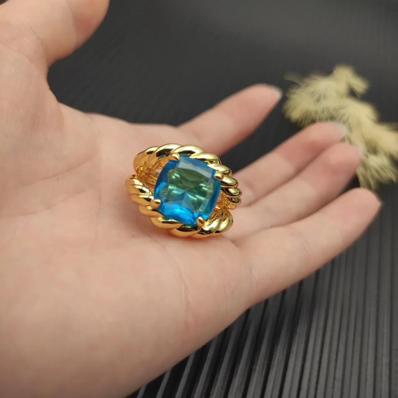Twisted Rope Band Cushion-Cut Blue Gemstone Ring 7