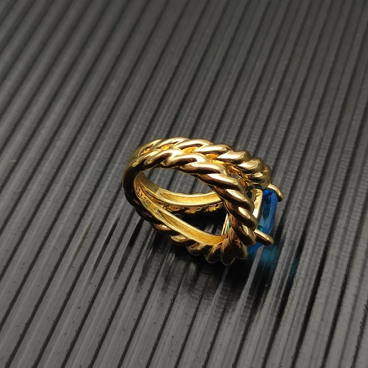 Twisted Rope Band Cushion-Cut Blue Gemstone Ring 8