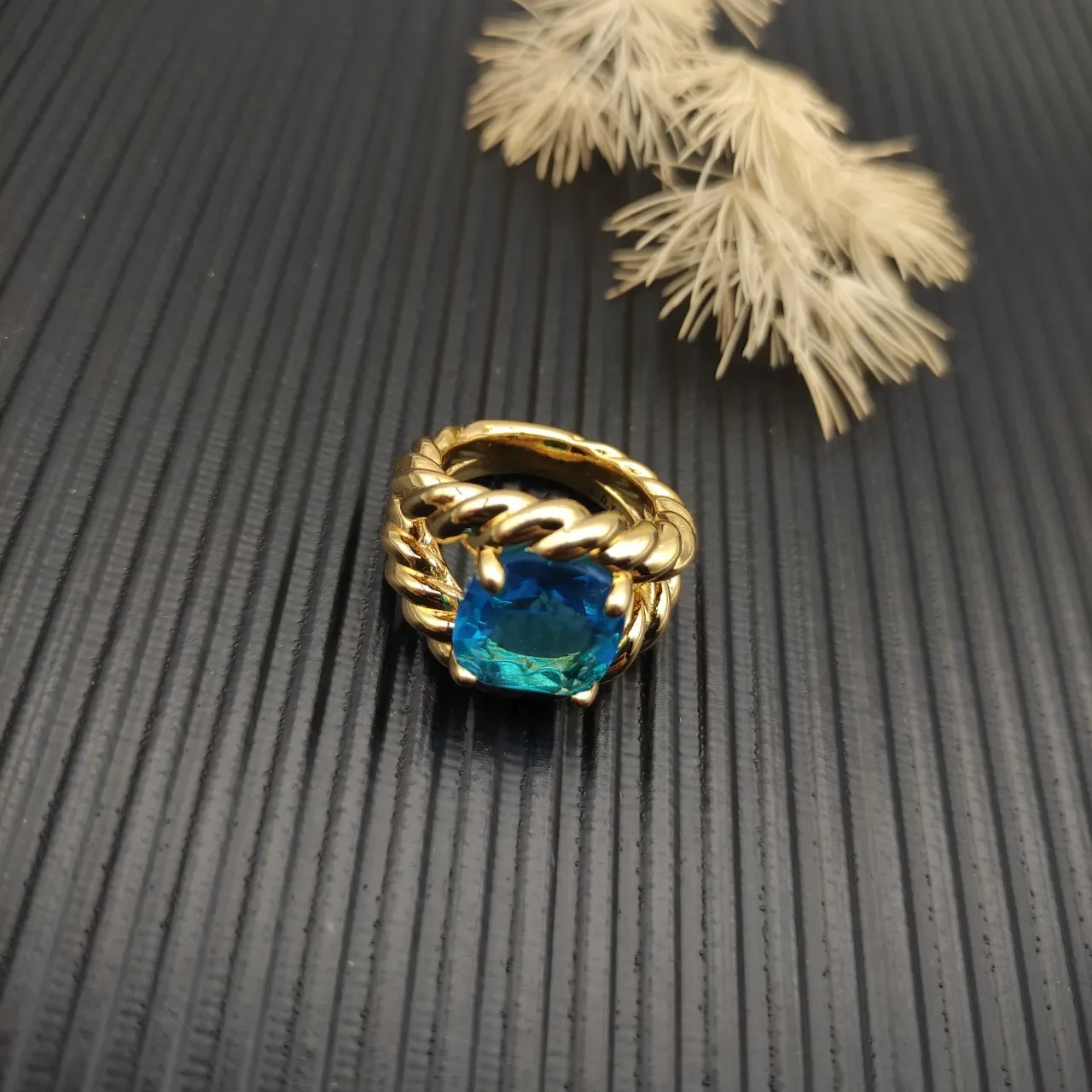 Twisted Rope Band Cushion-Cut Blue Gemstone Ring 9