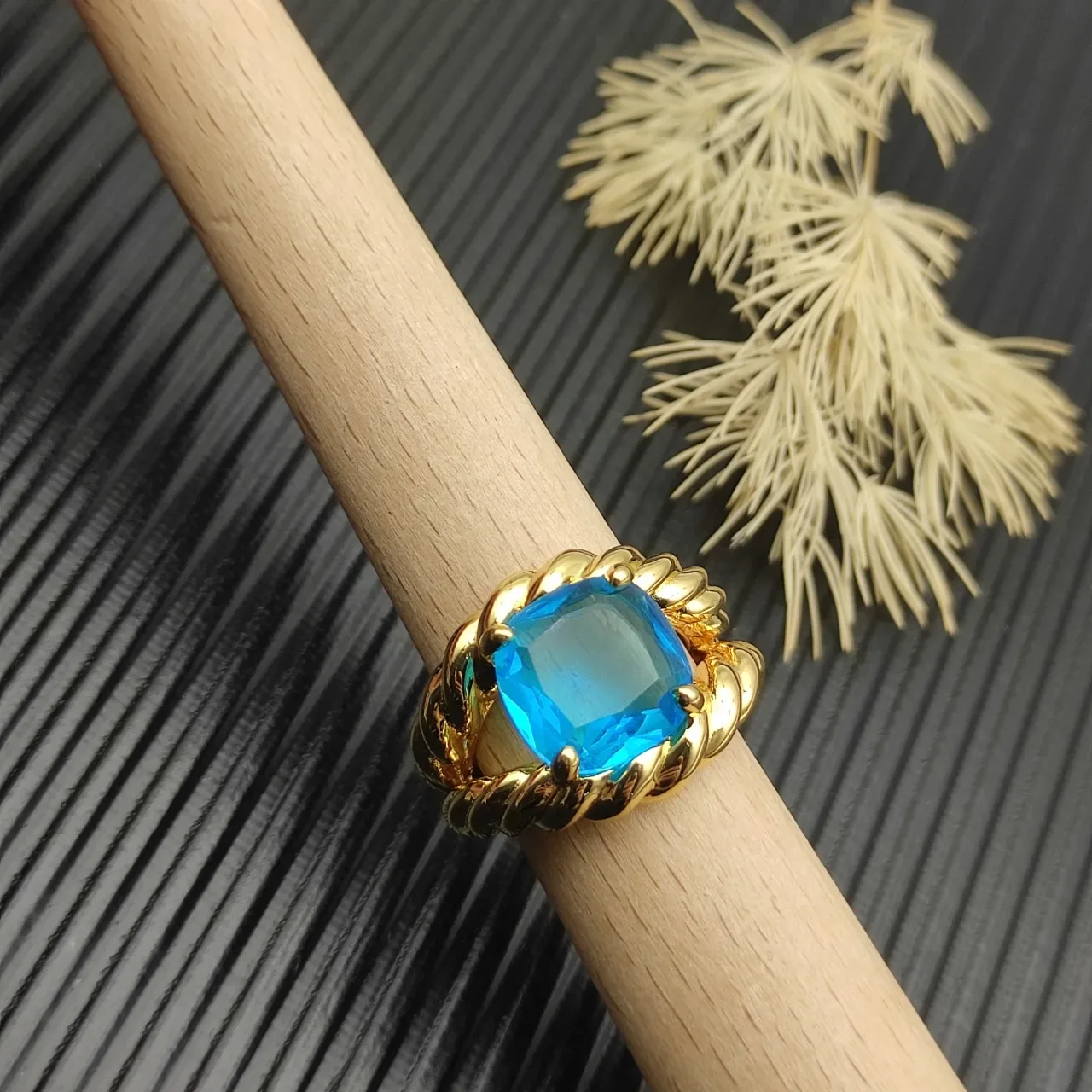 Twisted Rope Band Cushion-Cut Blue Gemstone Ring 10