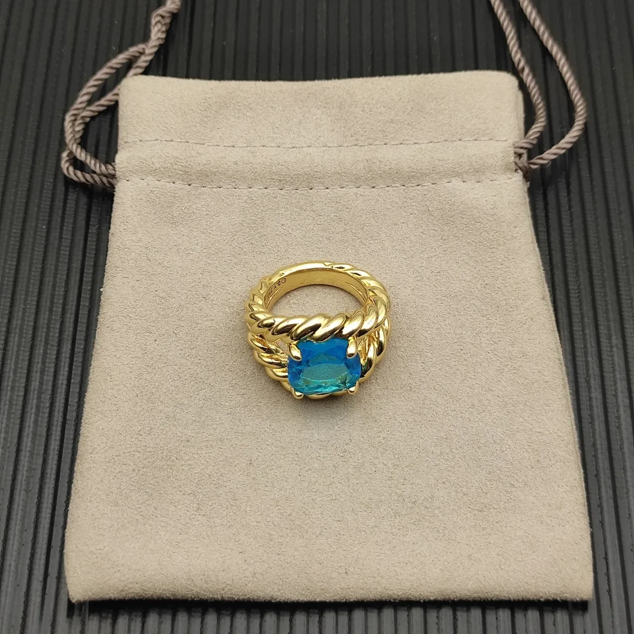 Twisted Rope Band Cushion-Cut Blue Gemstone Ring 11
