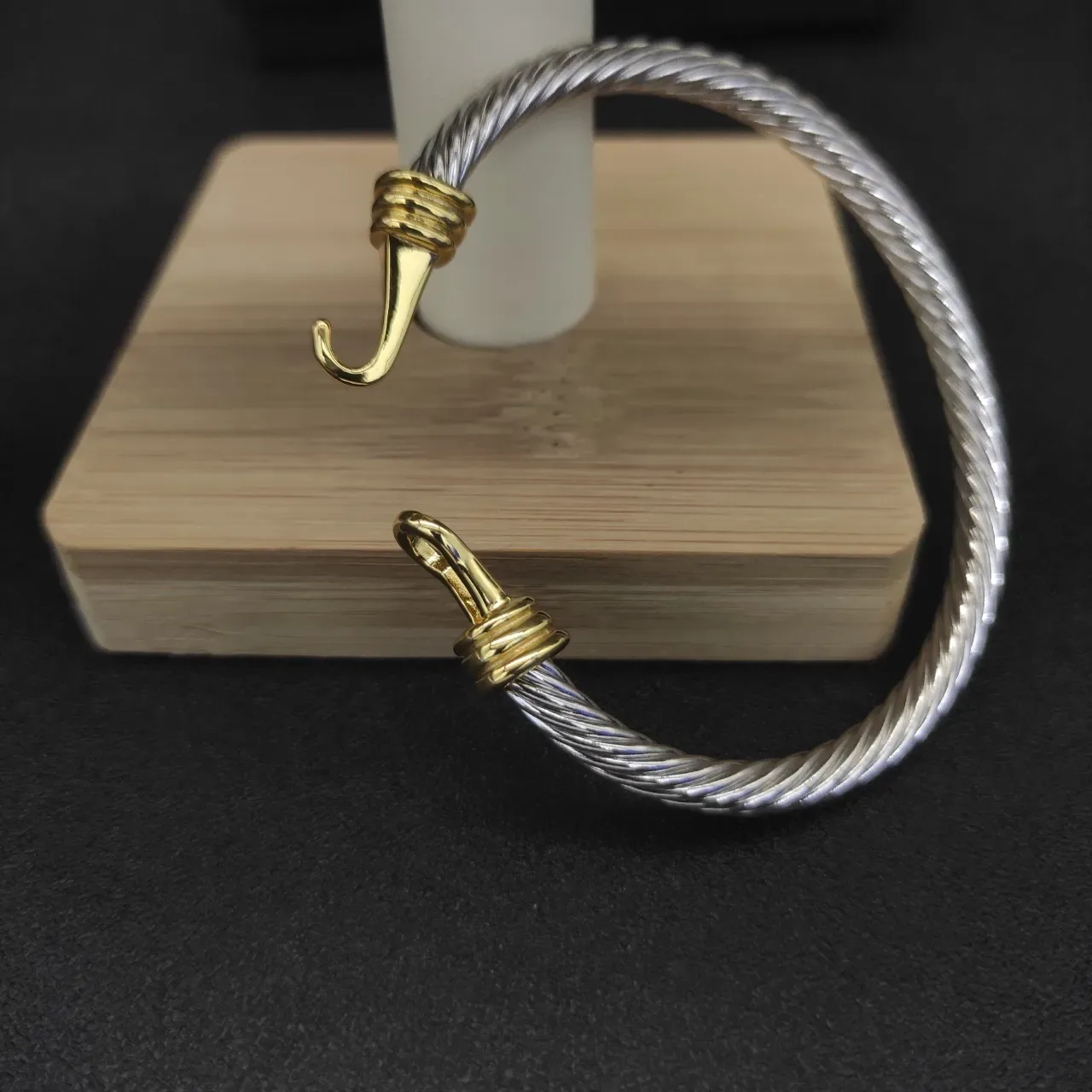 Two-Tone Twisted Cable Hook-and-Eye Bangle Bracelet 7