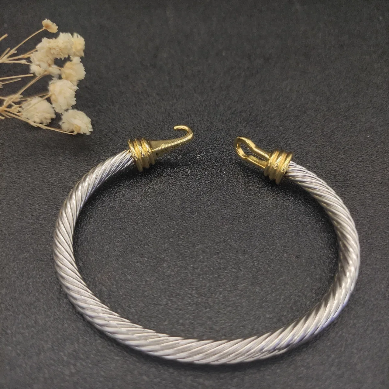 Two-Tone Twisted Cable Hook-and-Eye Bangle Bracelet 8