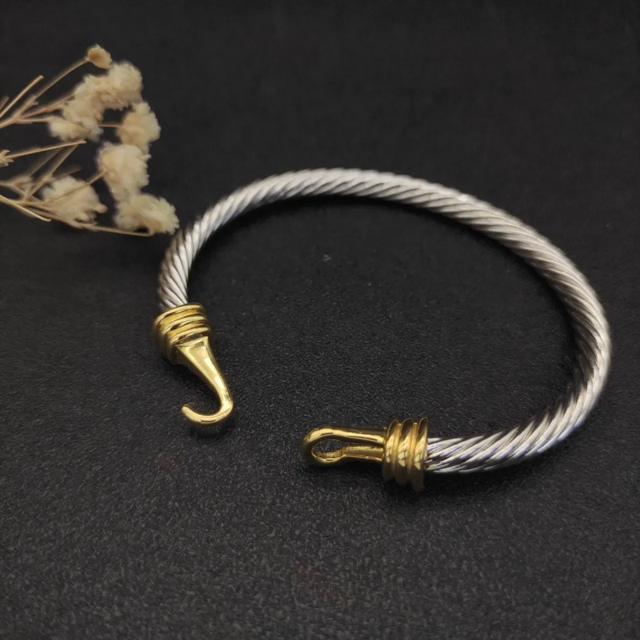 Two-Tone Twisted Cable Hook-and-Eye Bangle Bracelet 9