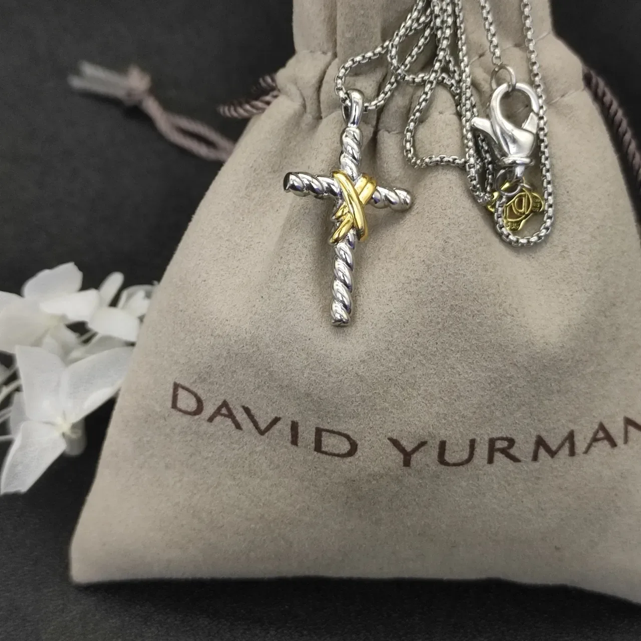 Two-Tone Twisted Rope Cross and Rose Charm Necklace 3