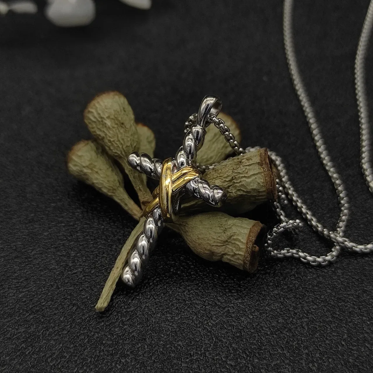 Two-Tone Twisted Rope Cross and Rose Charm Necklace 6