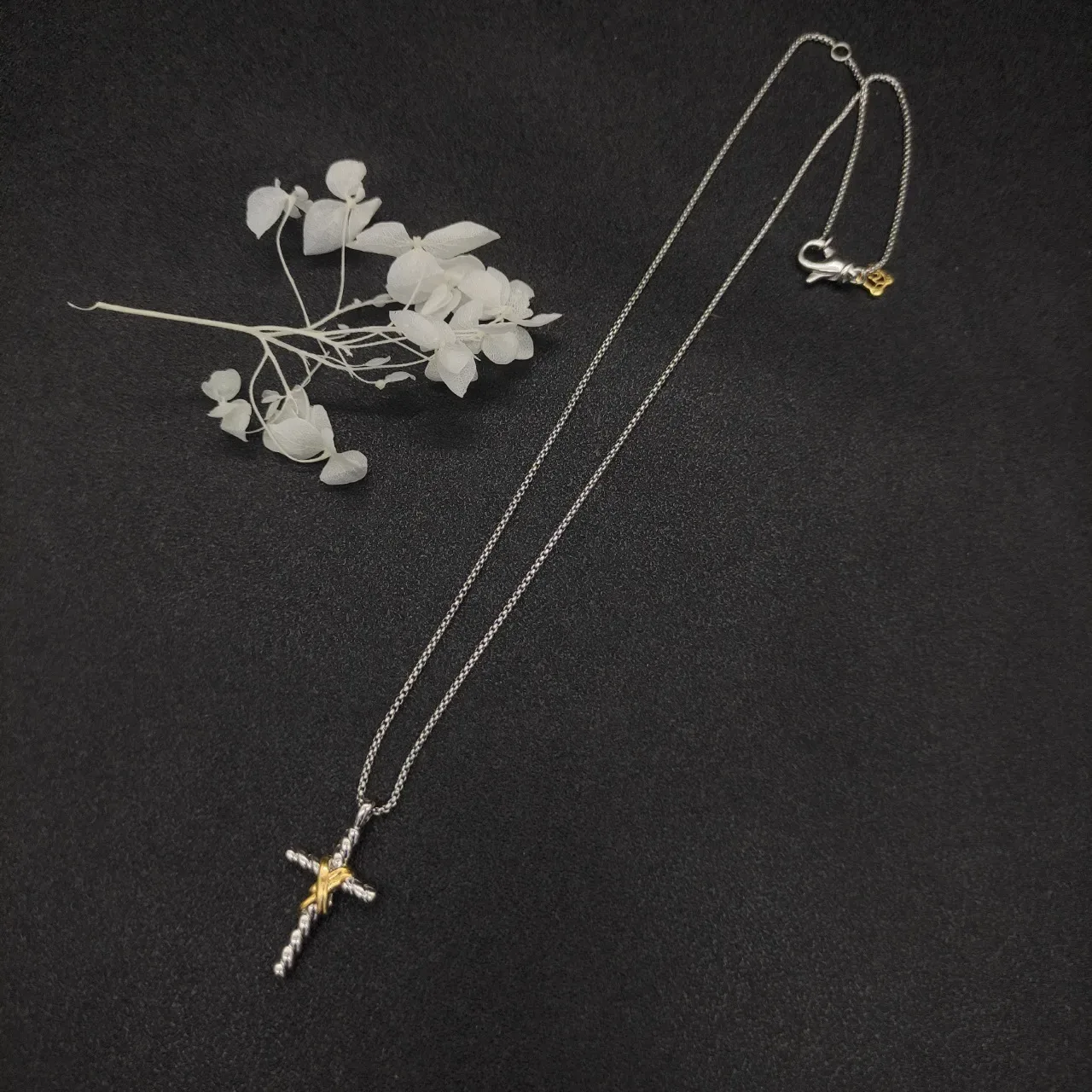 Two-Tone Twisted Rope Cross and Rose Charm Necklace 7
