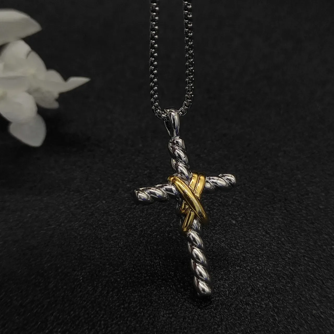 Two-Tone Twisted Rope Cross and Rose Charm Necklace 8