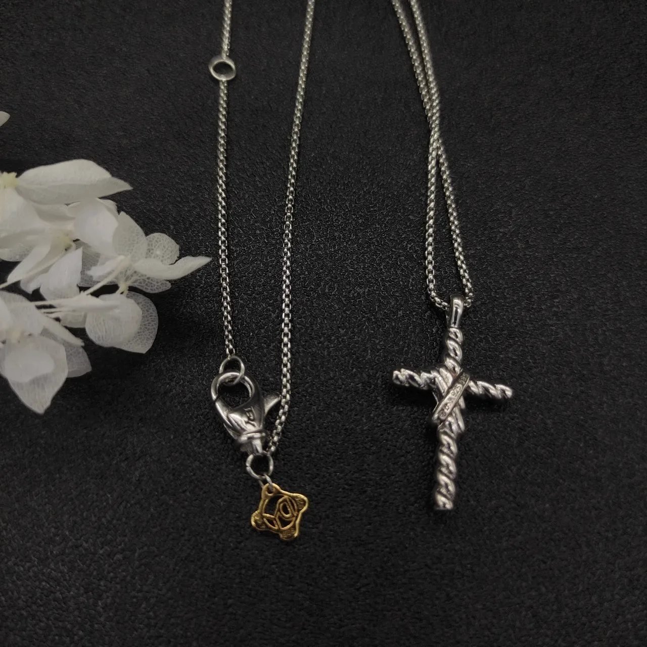 Two-Tone Twisted Rope Cross and Rose Charm Necklace 9
