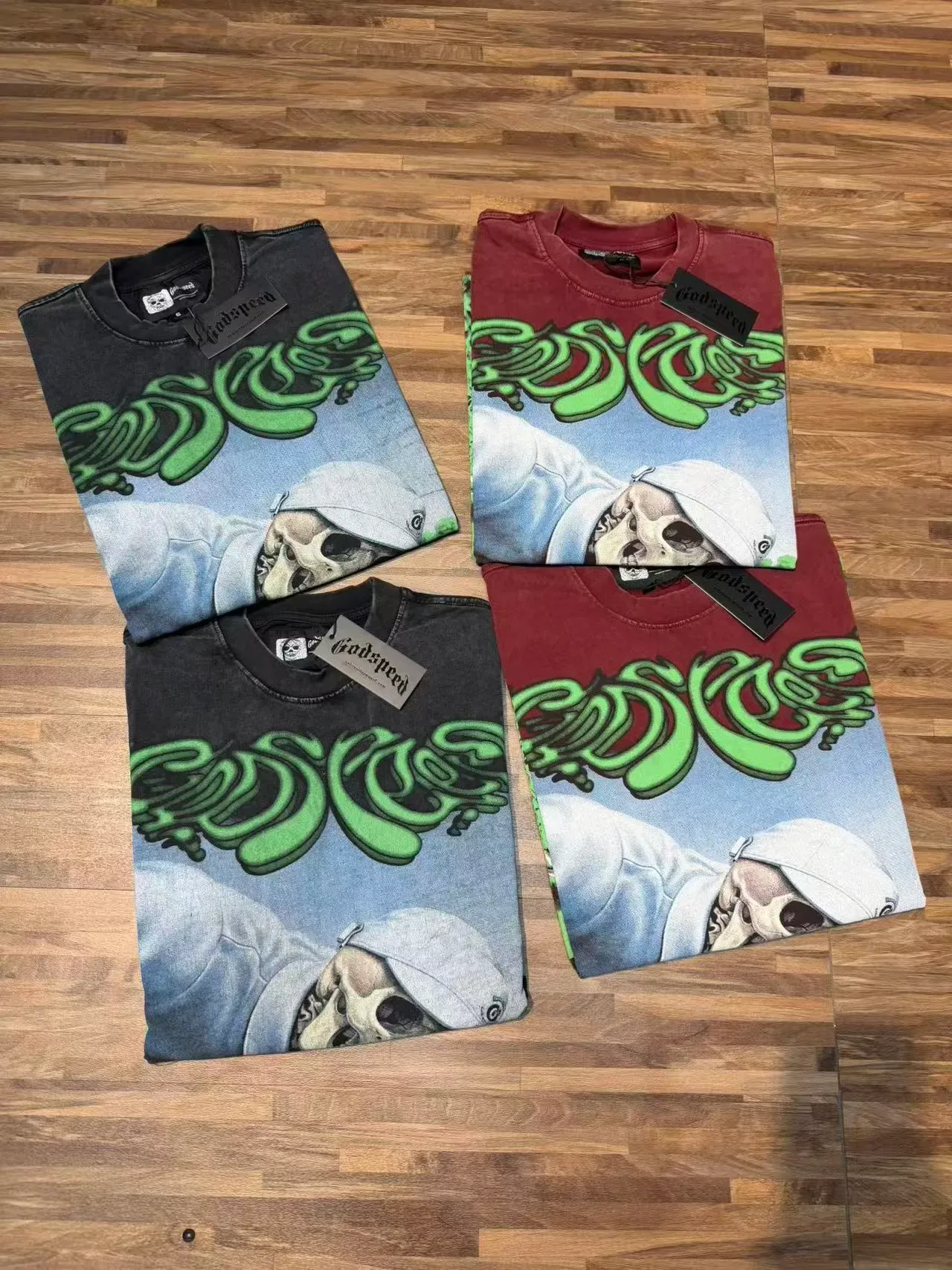 Washed Black and Burgundy Graphic Print Long-Sleeve Crewneck T-Shirt 2