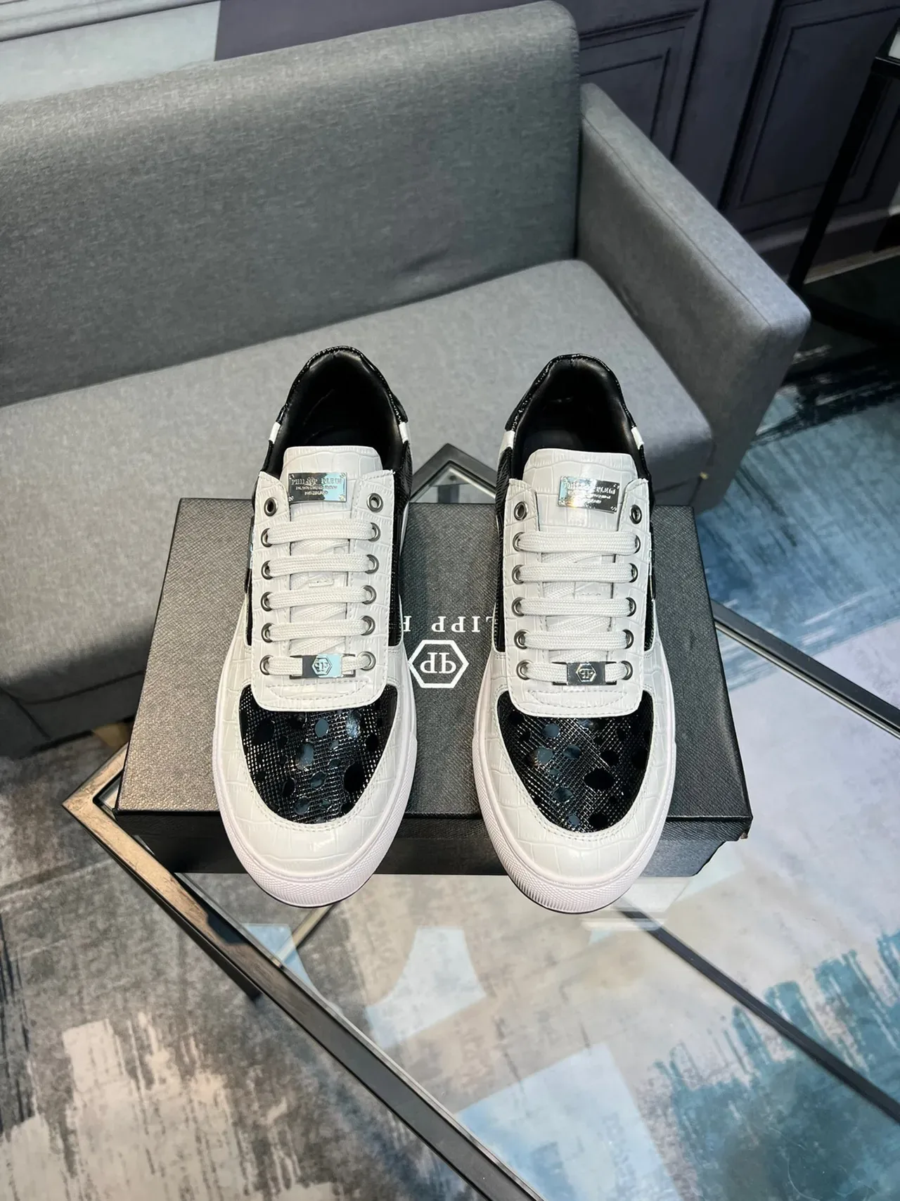 White and Black Two-Tone Textured Leather Perforated Toe Sneakers 2