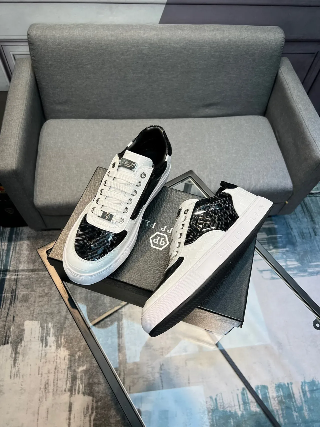 White and Black Two-Tone Textured Leather Perforated Toe Sneakers 3