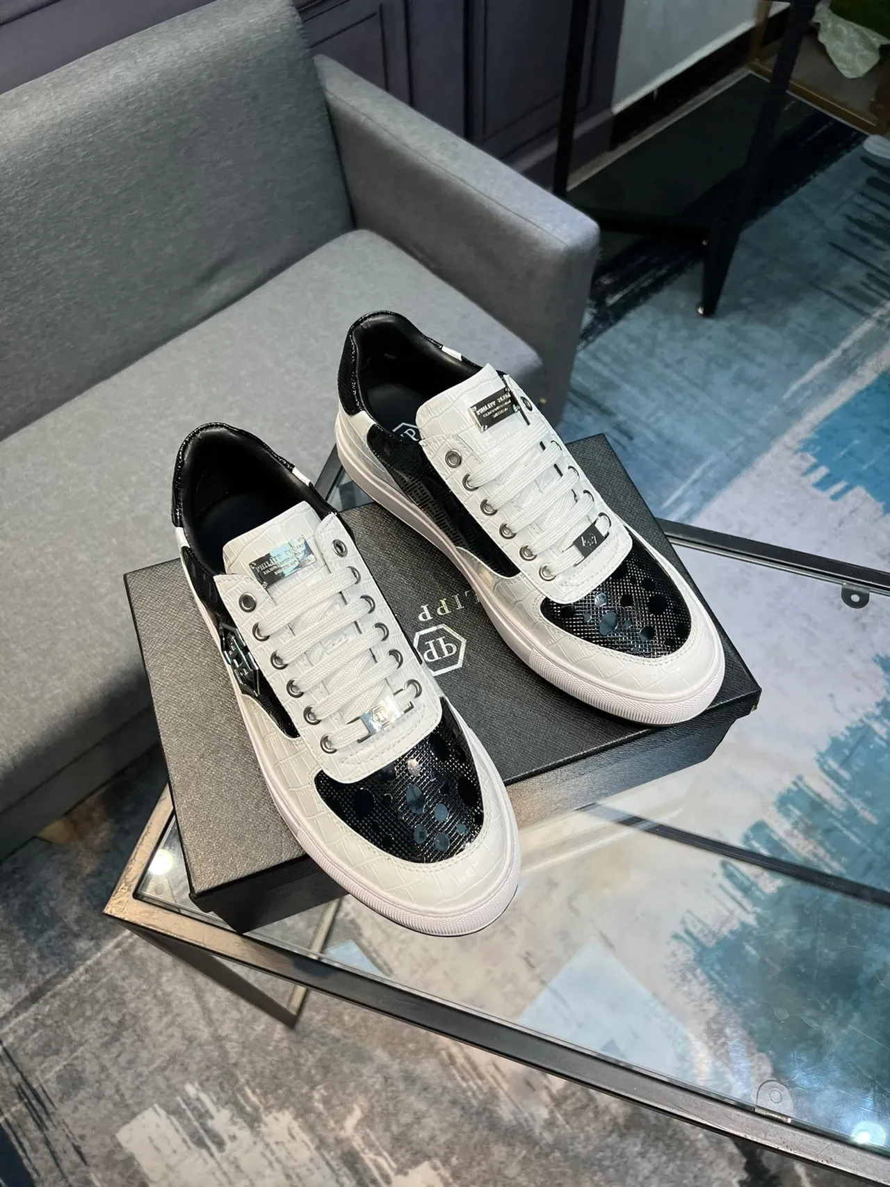 White and Black Two-Tone Textured Leather Perforated Toe Sneakers 4