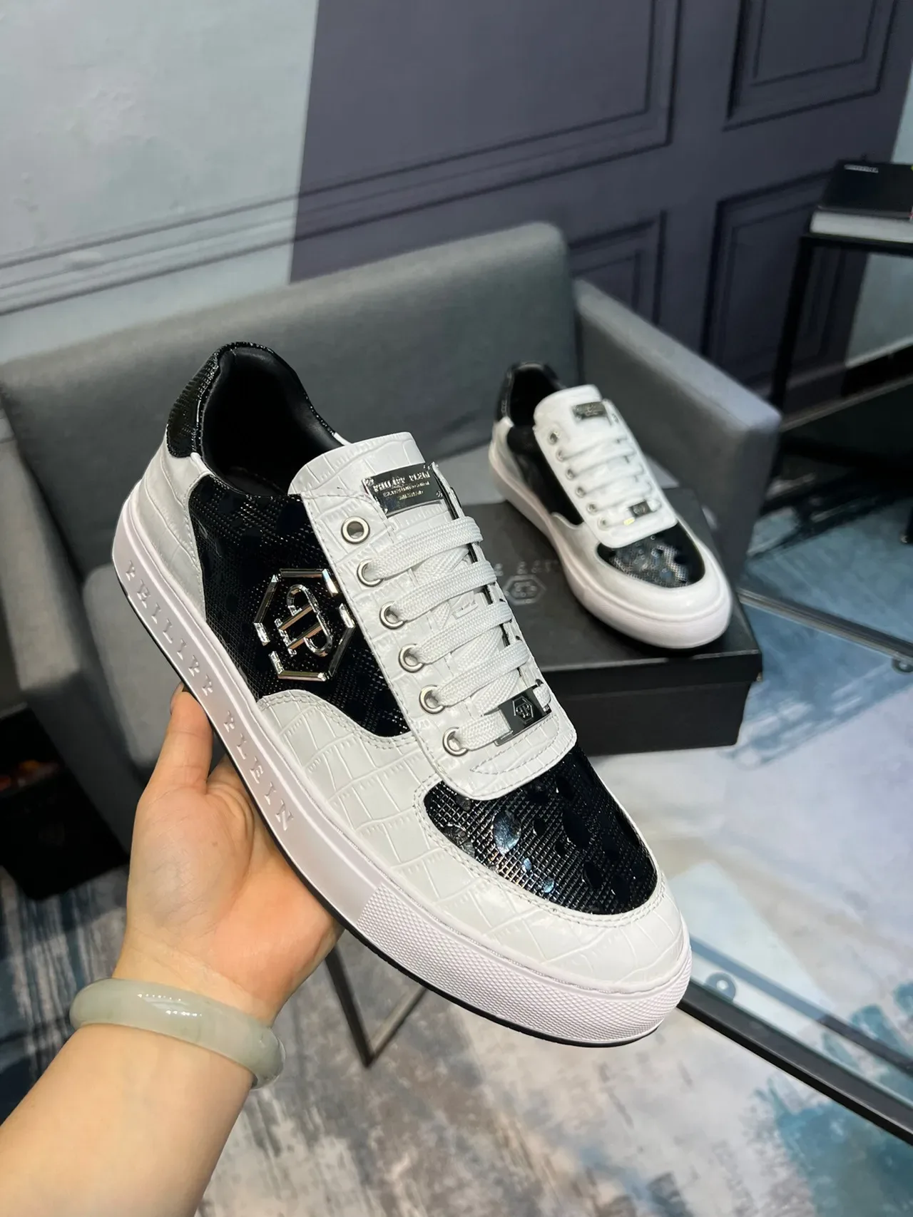 White and Black Two-Tone Textured Leather Perforated Toe Sneakers 5