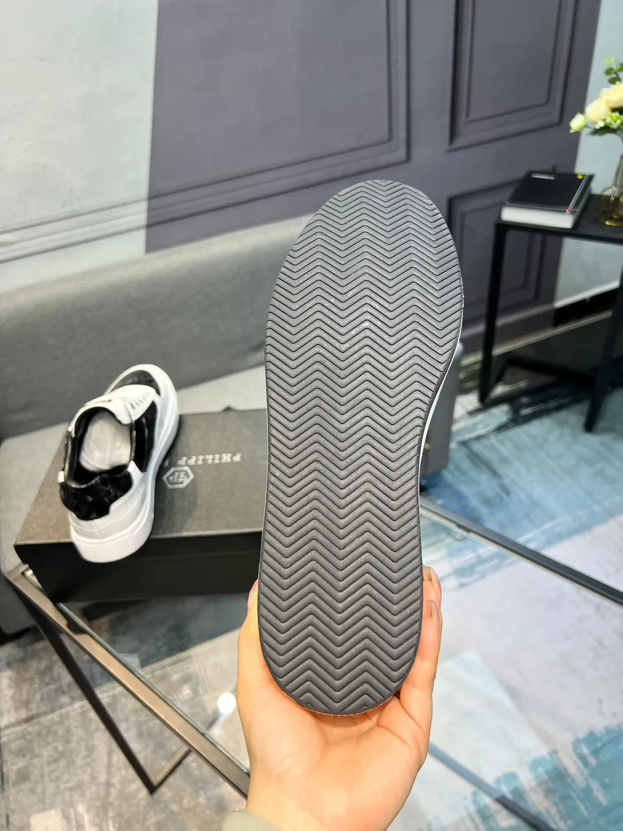 White and Black Two-Tone Textured Leather Perforated Toe Sneakers 6