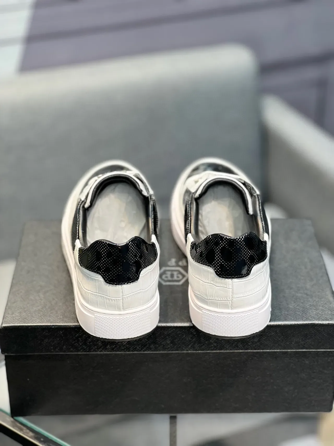 White and Black Two-Tone Textured Leather Perforated Toe Sneakers 7