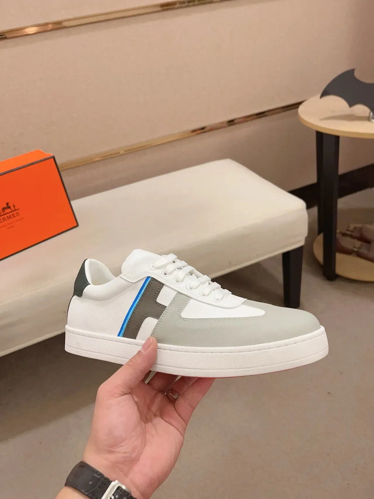 White and Gray Color-Blocked Low-Top Lace-Up Sneaker 4
