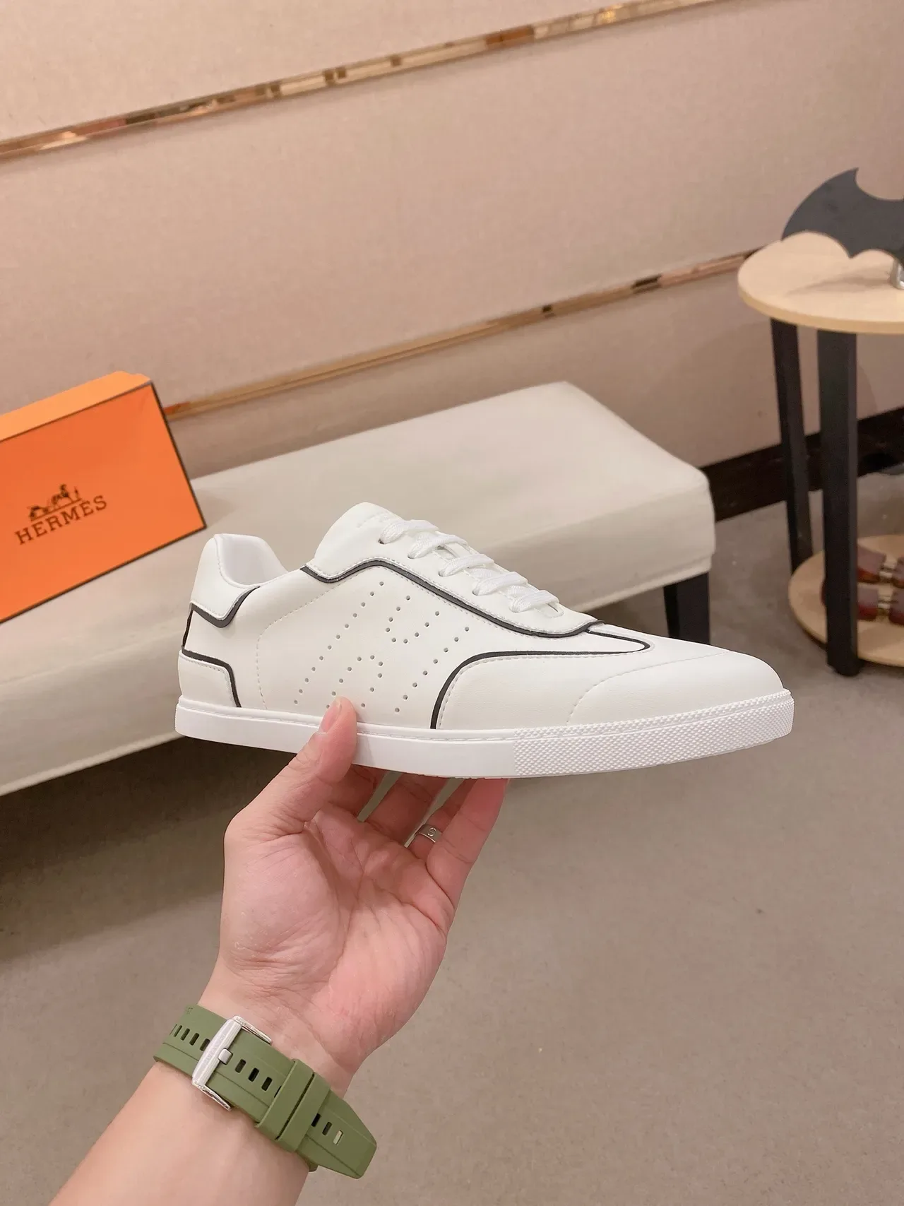 White Black Leather-Like Upper Contrast Piping Sneakers 5