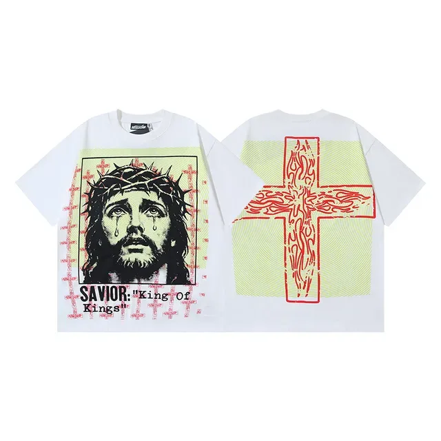 White Graphic Print Religious Motif Oversized T-Shirt 4