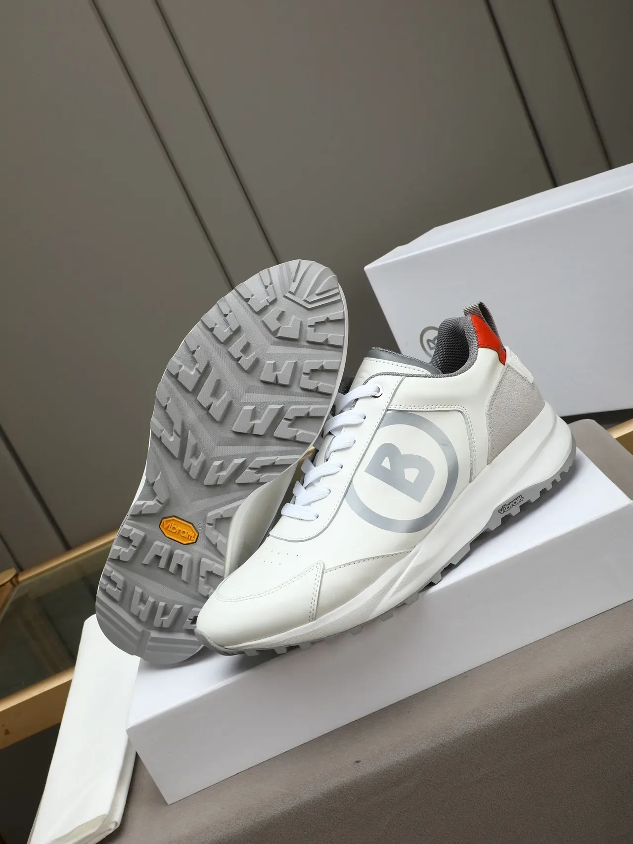 White Gray Leather And Suede Upper Circular Monogram Logo Sneakers 4
